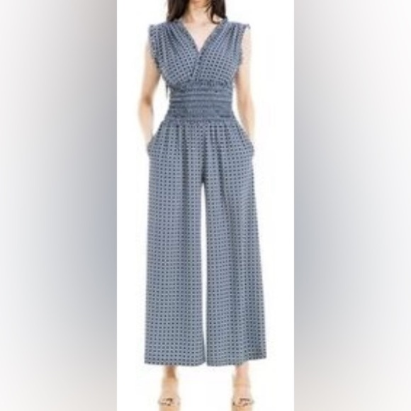 Max Studio Pants - Max Studio|Blue Polka Dot Women's Wide leg jumpsuit w smocking•••NWT,Boho style